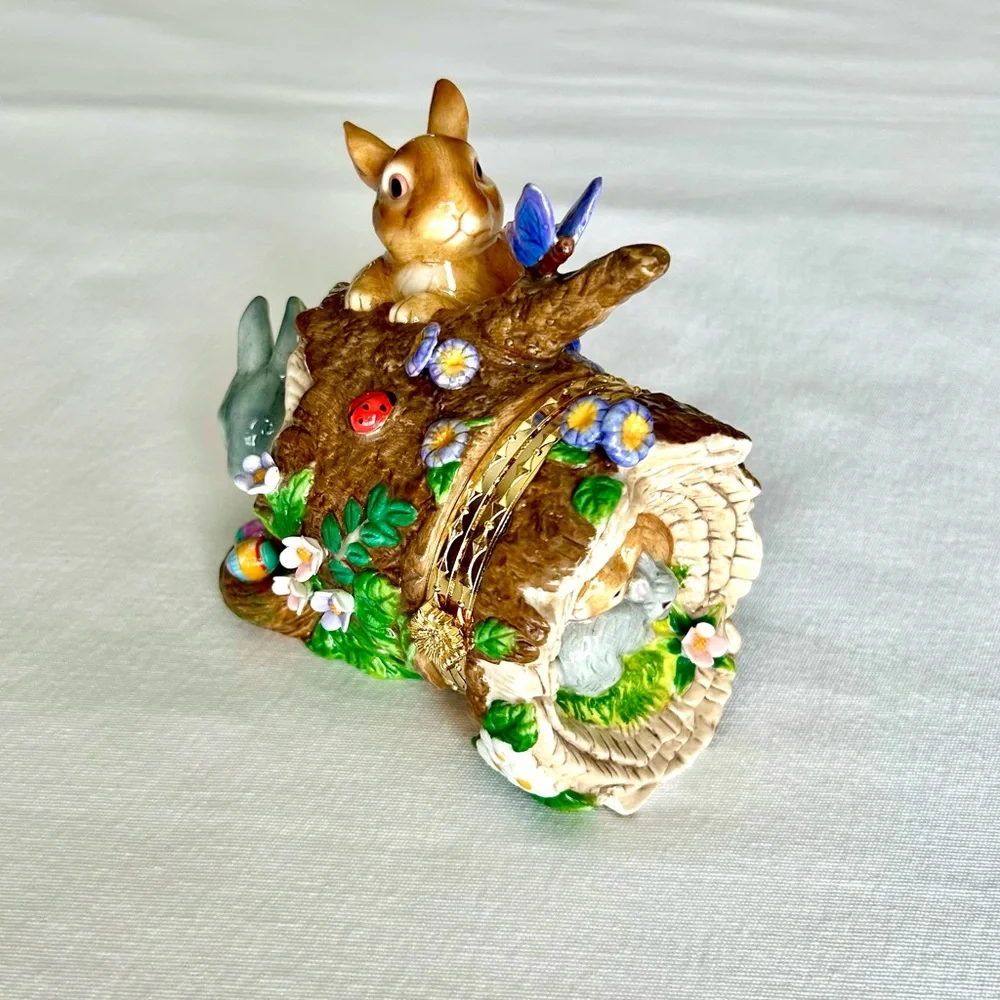 Vtg Hand Painted Porcelain Hinged Faberge Trinket Box Woodland Easter Spring